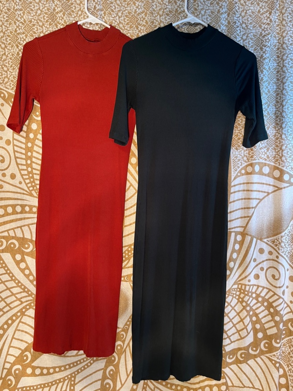 Mock-Neck Ribbed Midi Dress in Red and Black